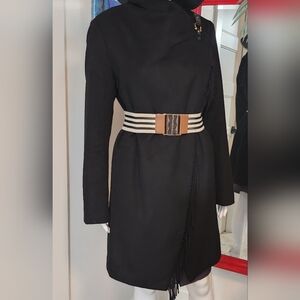 Ralph Lauren Black Long-Sleeve Fringe Wrap Coat with Striped BeltFringe Wool-Ble